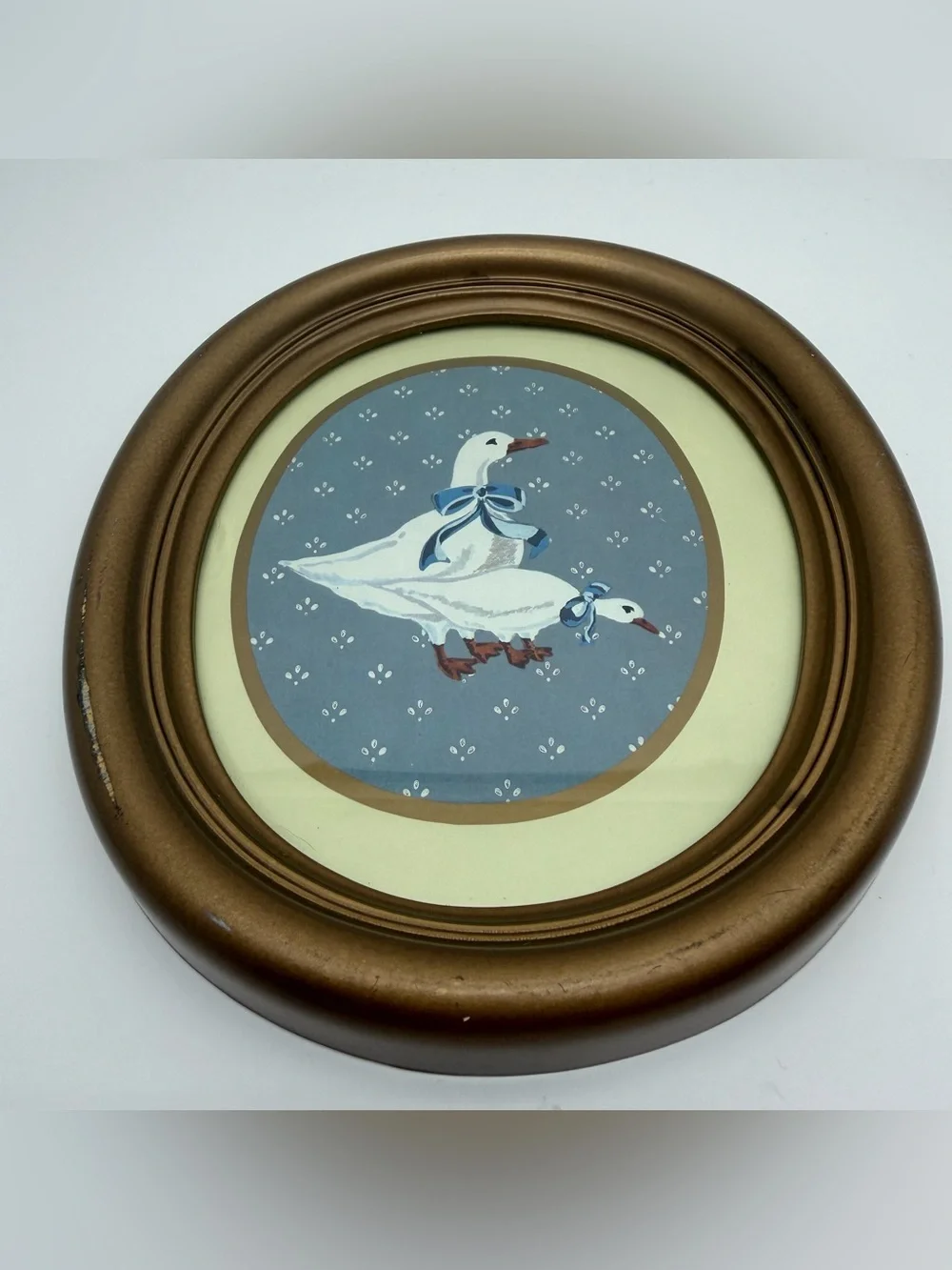 Vtg 1985 Homco Country Duck Set 2 Gold Oval Frames Goose Blue Cottagecore READ
